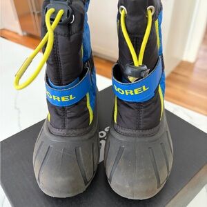 Sorel Kids' Black and Blue Snow Boots with Yellow Accents